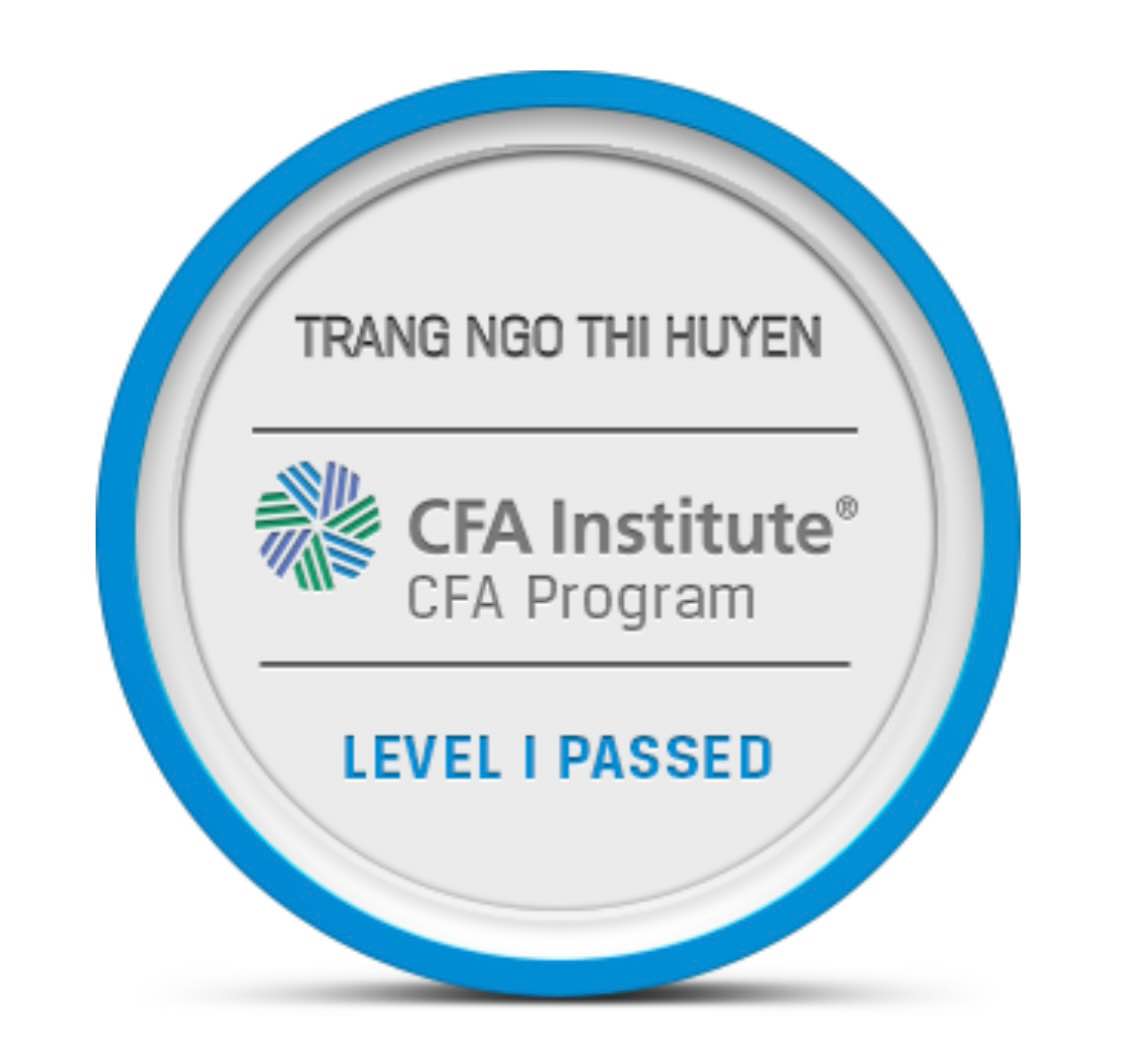 May be an image of text that says "TRANG NGO THI HUYEN CFA Institute CFA Program LEVEL I PASSED"